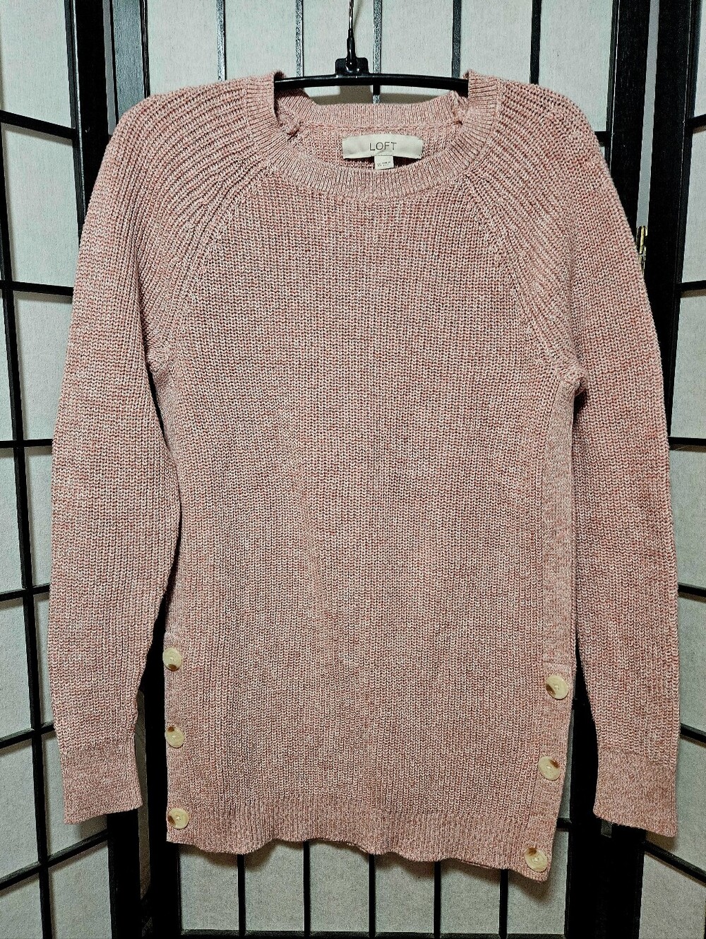 Loft XS Heathered Pink Ribbed Side Button Sweater